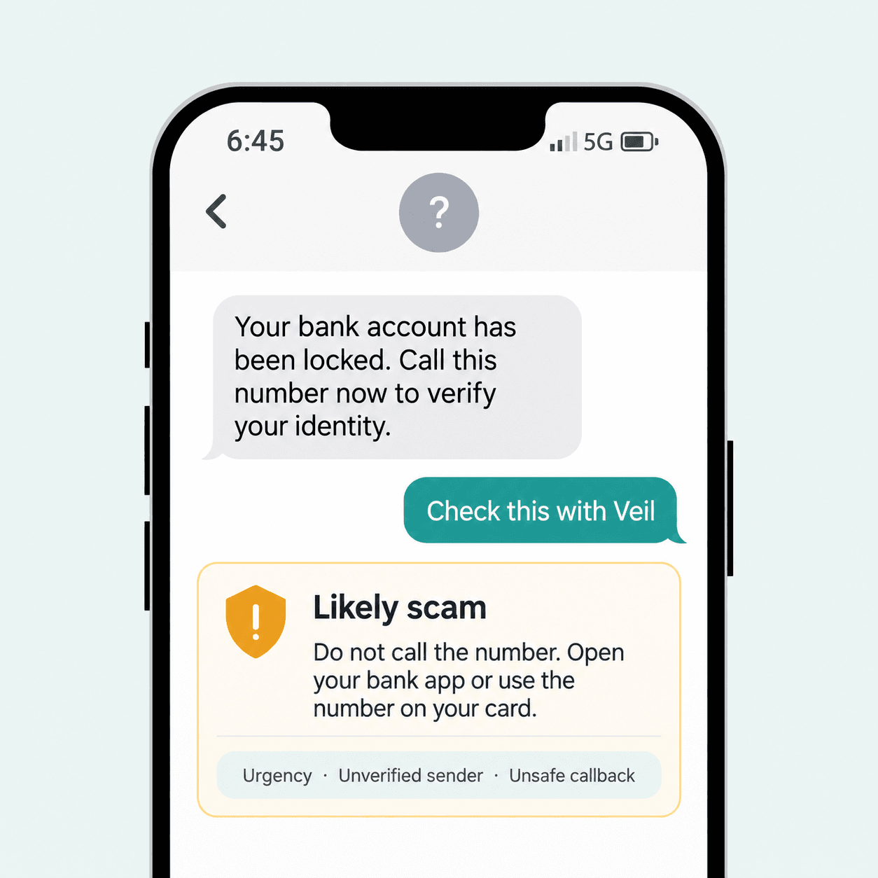 Illustration showing a suspicious bank text sent to Veil and a likely scam warning with a safe next step